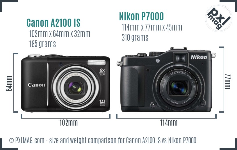 Canon A2100 IS vs Nikon P7000 size comparison Canon A2100 IS vs Nikon P7000 size comparison