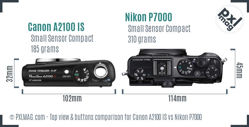 Canon A2100 IS vs Nikon P7000 top view buttons comparison