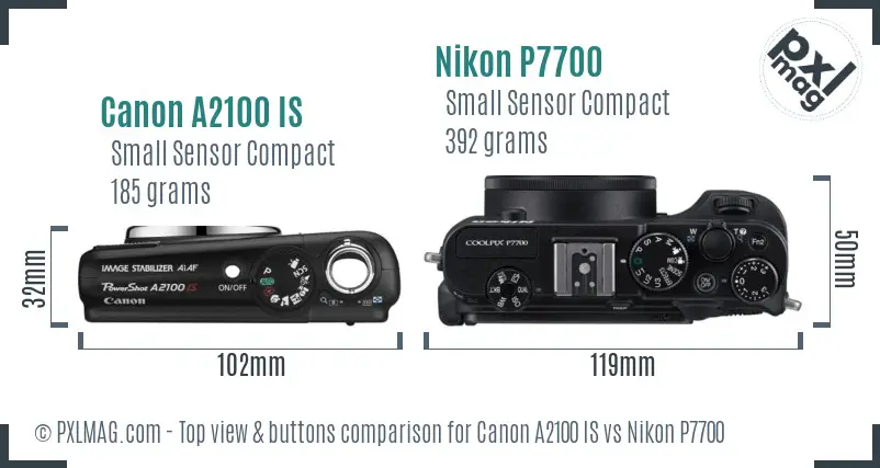 Canon A2100 IS vs Nikon P7700 top view buttons comparison
