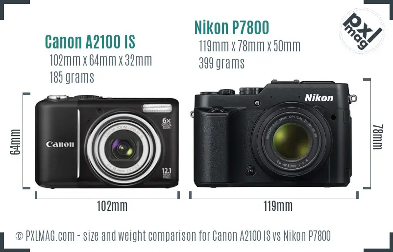 Canon A2100 IS vs Nikon P7800 size comparison
