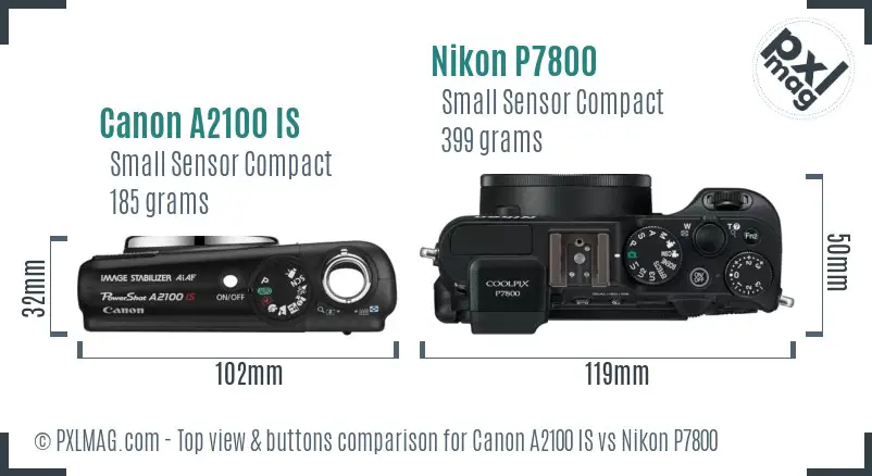 Canon A2100 IS vs Nikon P7800 top view buttons comparison