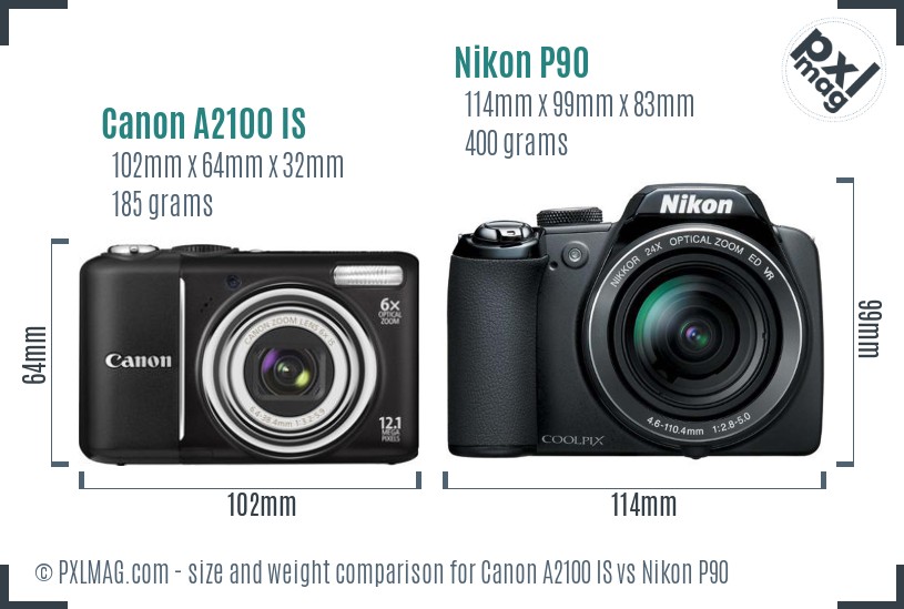 Canon A2100 IS vs Nikon P90 size comparison Canon A2100 IS vs Nikon P90 size comparison