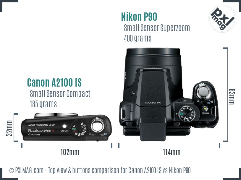 Canon A2100 IS vs Nikon P90 top view buttons comparison