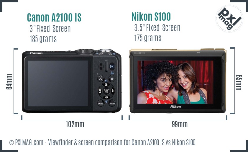 Canon A2100 IS vs Nikon S100 Screen and Viewfinder comparison