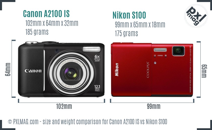 Canon A2100 IS vs Nikon S100 size comparison