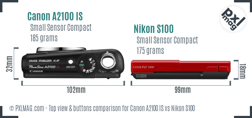 Canon A2100 IS vs Nikon S100 top view buttons comparison