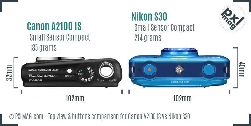 Canon A2100 IS vs Nikon S30 top view buttons comparison