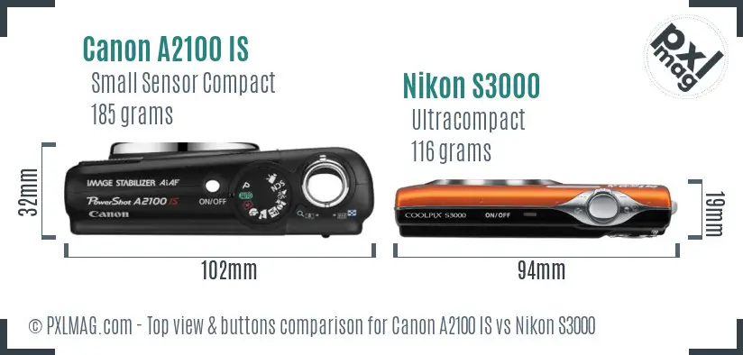 Canon A2100 IS vs Nikon S3000 top view buttons comparison Canon A2100 IS vs Nikon S3000 top view buttons comparison