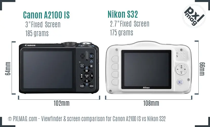 Canon A2100 IS vs Nikon S32 Screen and Viewfinder comparison