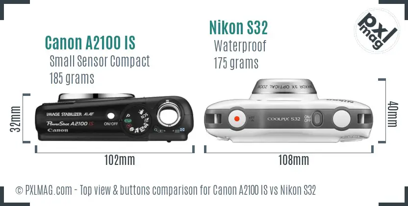 Canon A2100 IS vs Nikon S32 top view buttons comparison