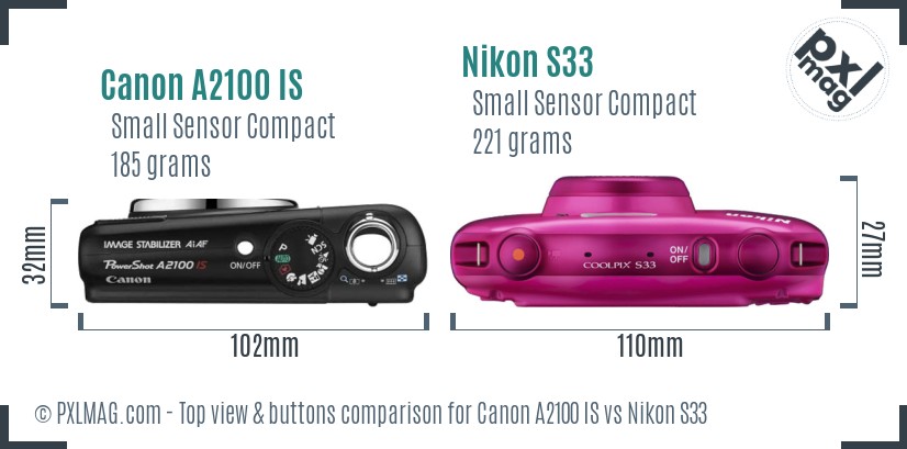 Canon A2100 IS vs Nikon S33 top view buttons comparison