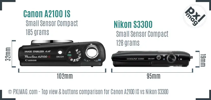 Canon A2100 IS vs Nikon S3300 top view buttons comparison