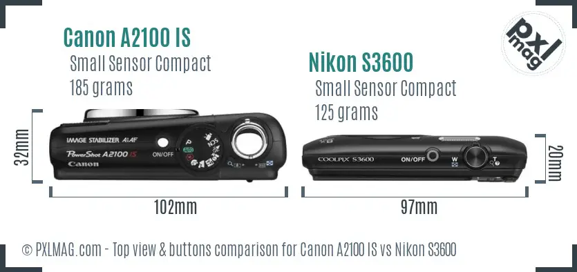 Canon A2100 IS vs Nikon S3600 top view buttons comparison