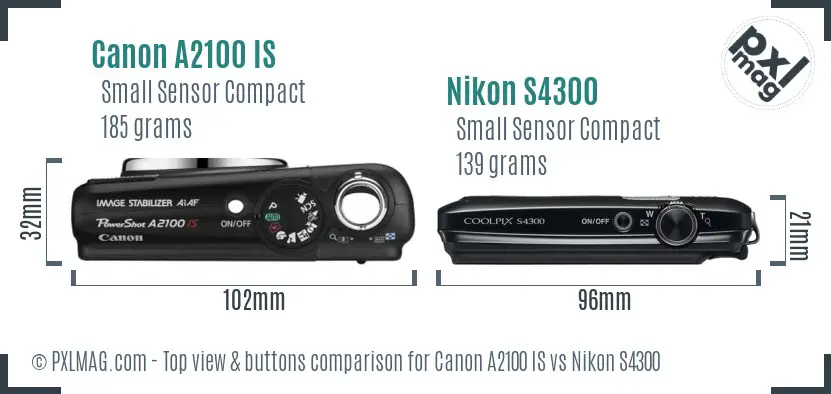 Canon A2100 IS vs Nikon S4300 top view buttons comparison