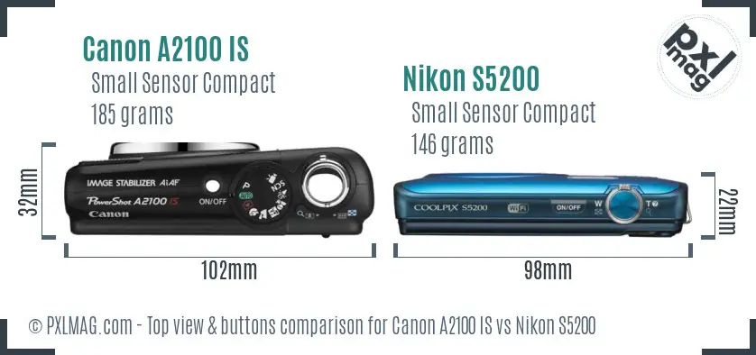 Canon A2100 IS vs Nikon S5200 top view buttons comparison