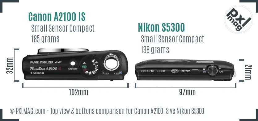 Canon A2100 IS vs Nikon S5300 top view buttons comparison