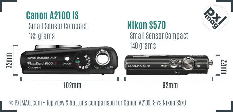 Canon A2100 IS vs Nikon S570 top view buttons comparison