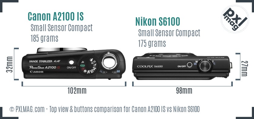 Canon A2100 IS vs Nikon S6100 top view buttons comparison