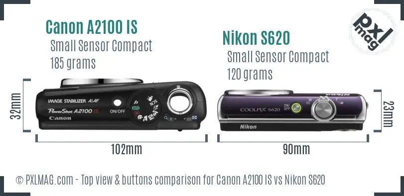 Canon A2100 IS vs Nikon S620 top view buttons comparison Canon A2100 IS vs Nikon S620 top view buttons comparison