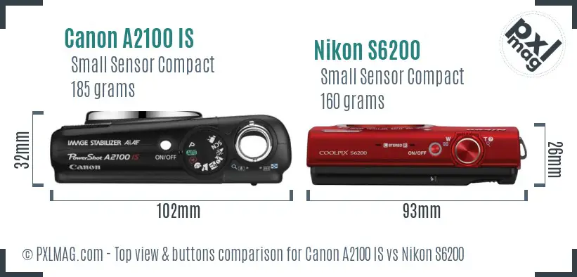 Canon A2100 IS vs Nikon S6200 top view buttons comparison