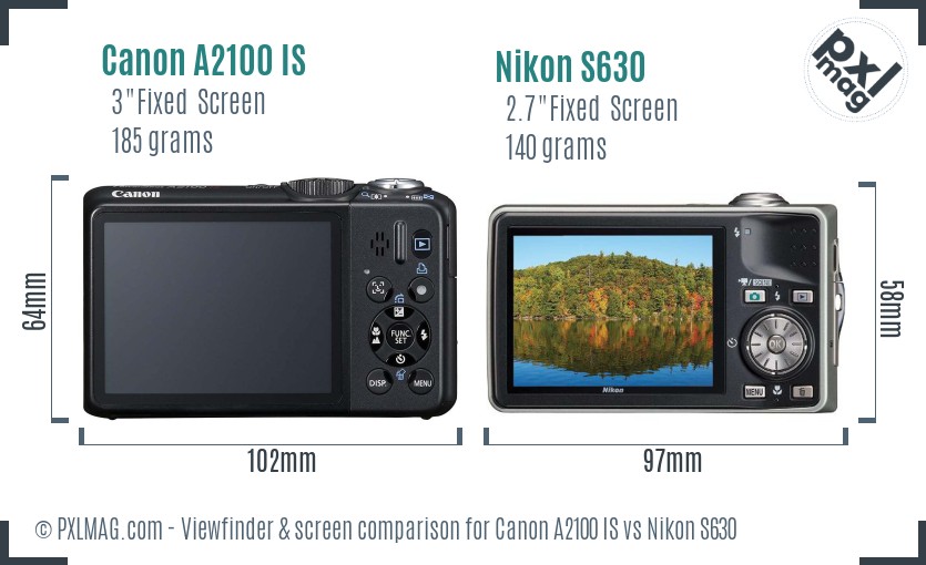 Canon A2100 IS vs Nikon S630 Screen and Viewfinder comparison