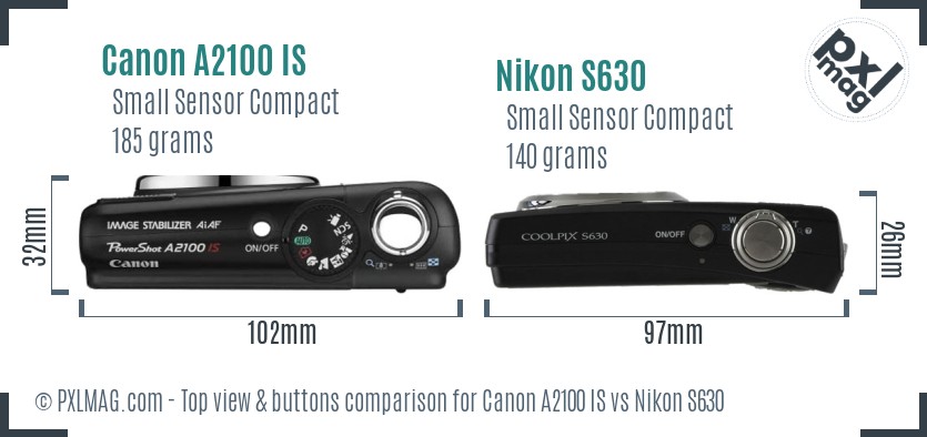 Canon A2100 IS vs Nikon S630 top view buttons comparison