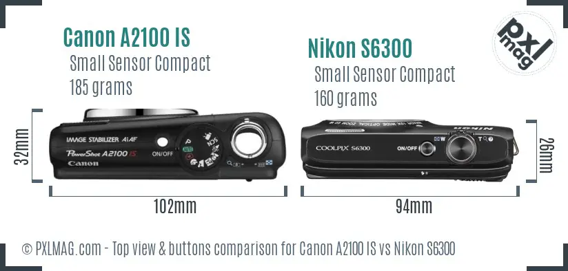 Canon A2100 IS vs Nikon S6300 top view buttons comparison