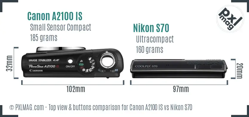 Canon A2100 IS vs Nikon S70 top view buttons comparison Canon A2100 IS vs Nikon S70 top view buttons comparison