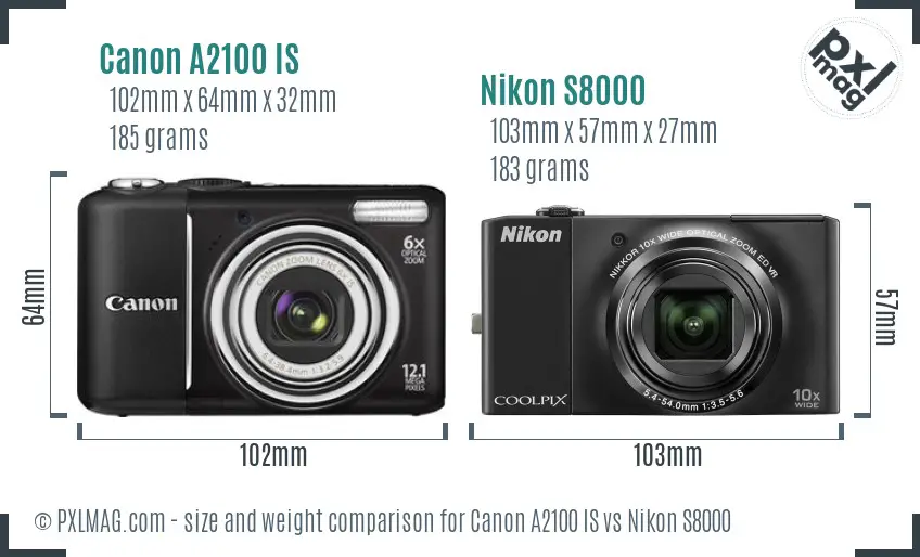 Canon A2100 IS vs Nikon S8000 size comparison