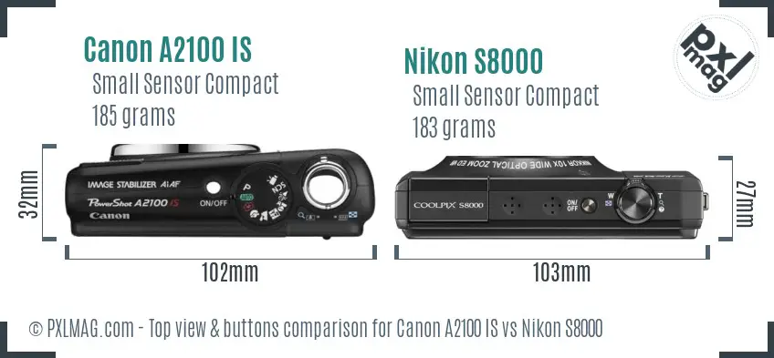 Canon A2100 IS vs Nikon S8000 top view buttons comparison