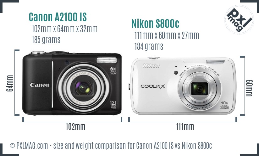 Canon A2100 IS vs Nikon S800c size comparison