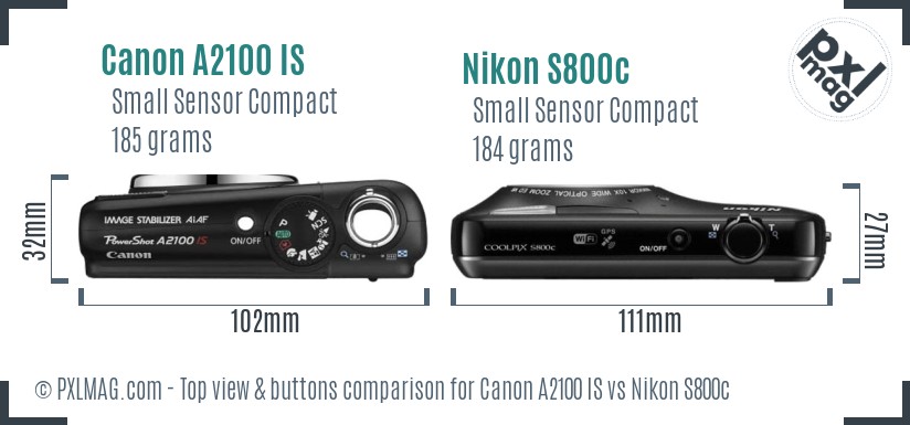 Canon A2100 IS vs Nikon S800c top view buttons comparison