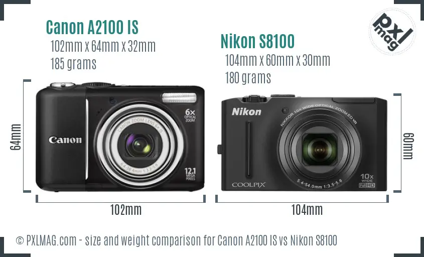 Canon A2100 IS vs Nikon S8100 size comparison