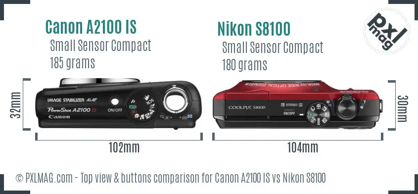 Canon A2100 IS vs Nikon S8100 top view buttons comparison