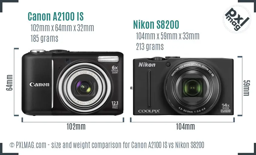 Canon A2100 IS vs Nikon S8200 size comparison