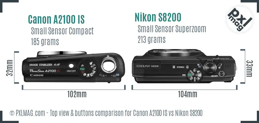 Canon A2100 IS vs Nikon S8200 top view buttons comparison