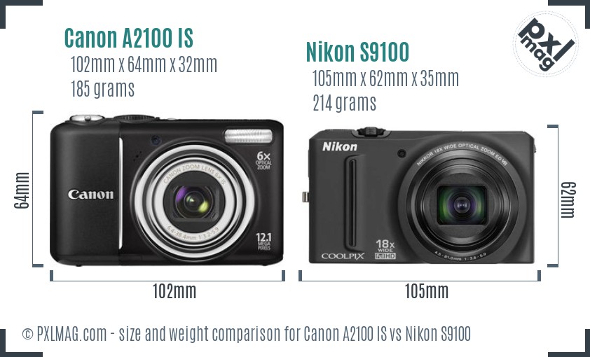 Canon A2100 IS vs Nikon S9100 size comparison