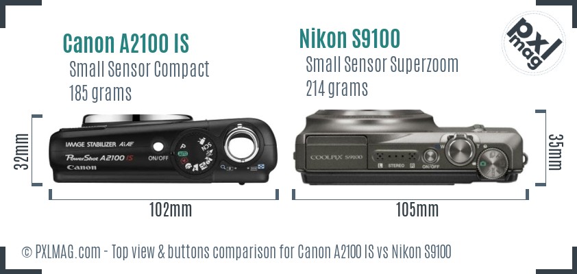 Canon A2100 IS vs Nikon S9100 top view buttons comparison