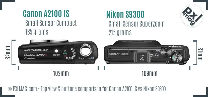Canon A2100 IS vs Nikon S9300 top view buttons comparison