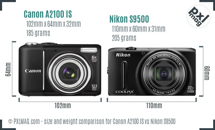 Canon A2100 IS vs Nikon S9500 size comparison