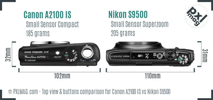 Canon A2100 IS vs Nikon S9500 top view buttons comparison