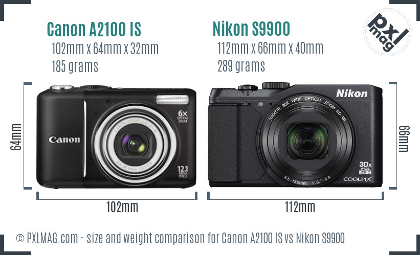 Canon A2100 IS vs Nikon S9900 size comparison