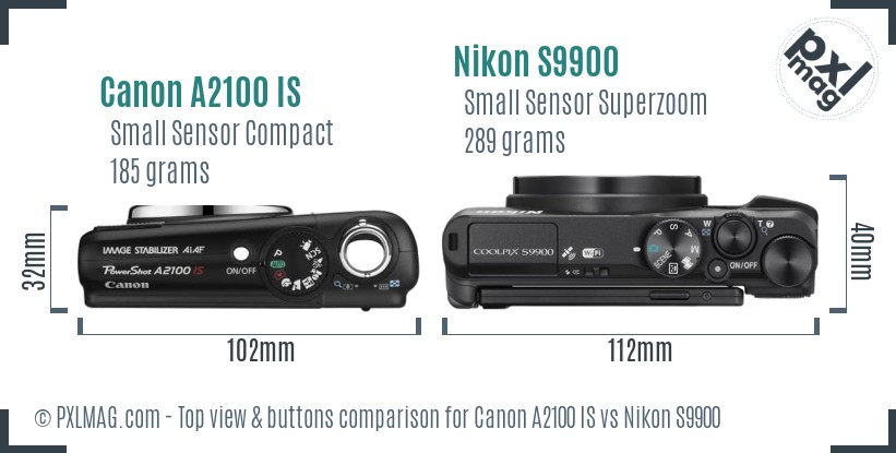 Canon A2100 IS vs Nikon S9900 top view buttons comparison