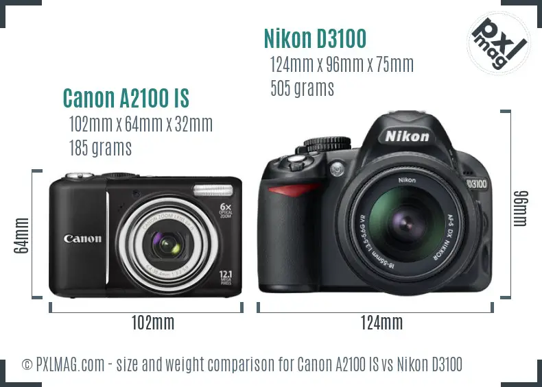 Canon A2100 IS vs Nikon D3100 size comparison