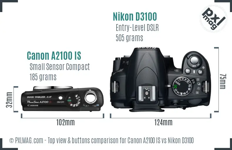 Canon A2100 IS vs Nikon D3100 top view buttons comparison