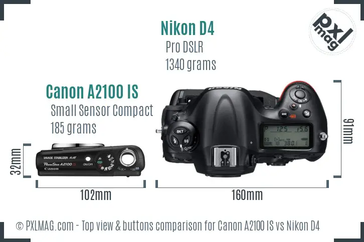 Canon A2100 IS vs Nikon D4 top view buttons comparison