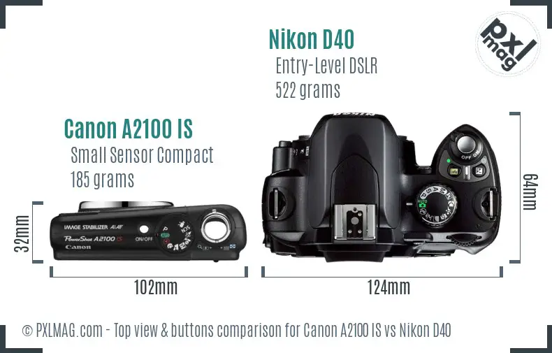 Canon A2100 IS vs Nikon D40 top view buttons comparison Canon A2100 IS vs Nikon D40 top view buttons comparison