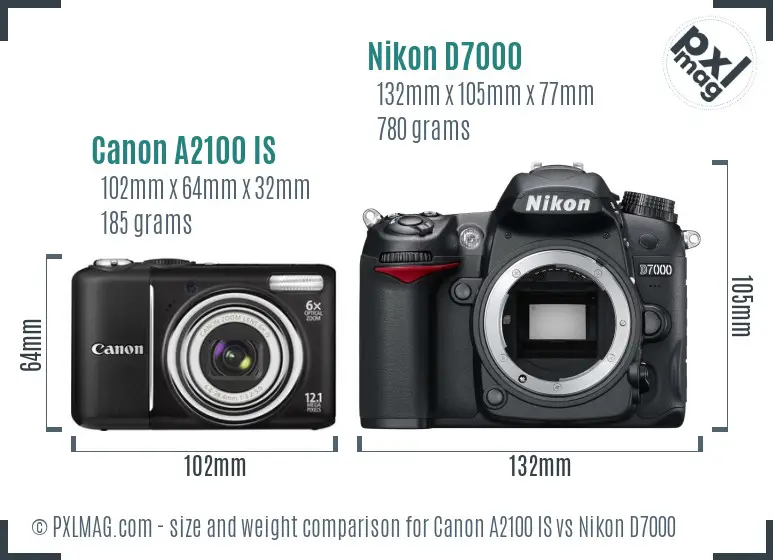 Canon A2100 IS vs Nikon D7000 size comparison Canon A2100 IS vs Nikon D7000 size comparison