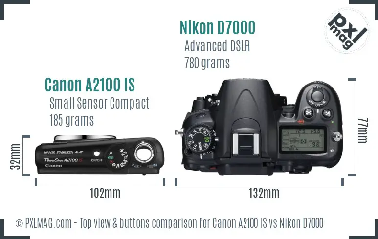 Canon A2100 IS vs Nikon D7000 top view buttons comparison Canon A2100 IS vs Nikon D7000 top view buttons comparison