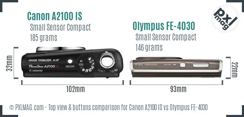 Canon A2100 IS vs Olympus FE-4030 top view buttons comparison